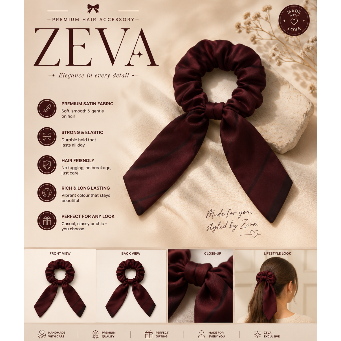 Wine Satin Bow Scrunchie